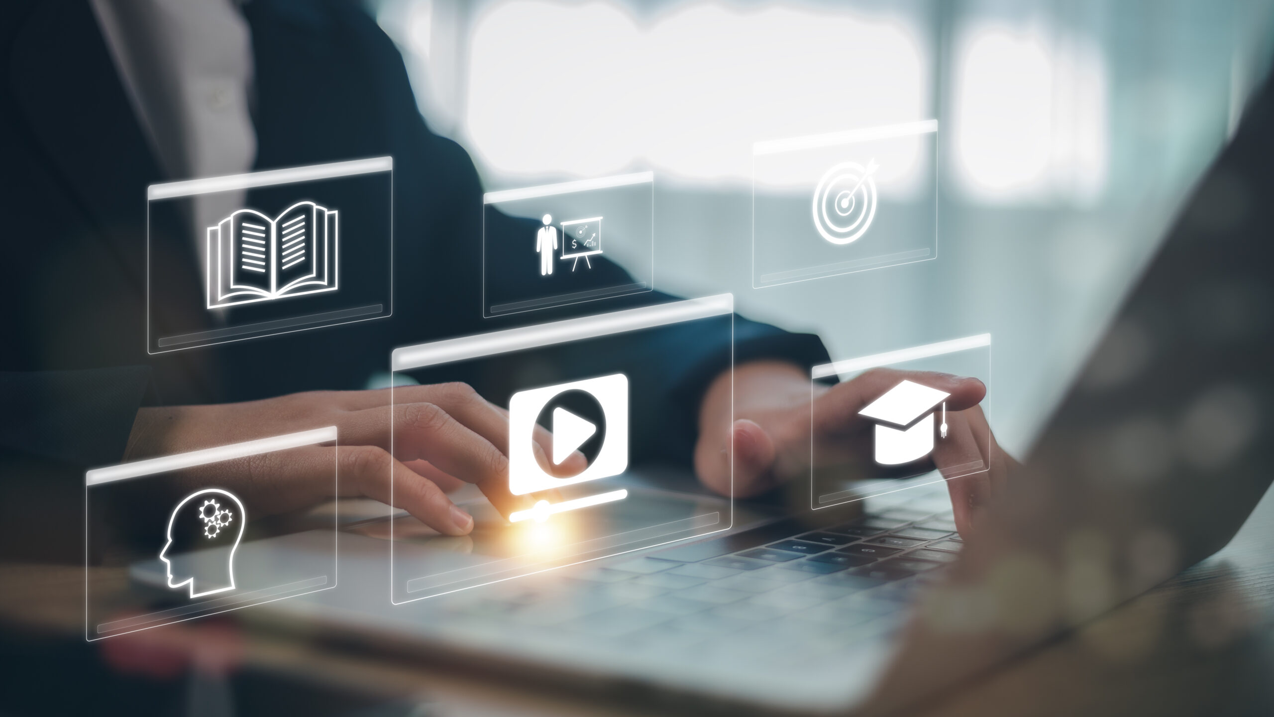 Women use Online education training and e-learning webinar on the internet for personal development and professional qualifications.